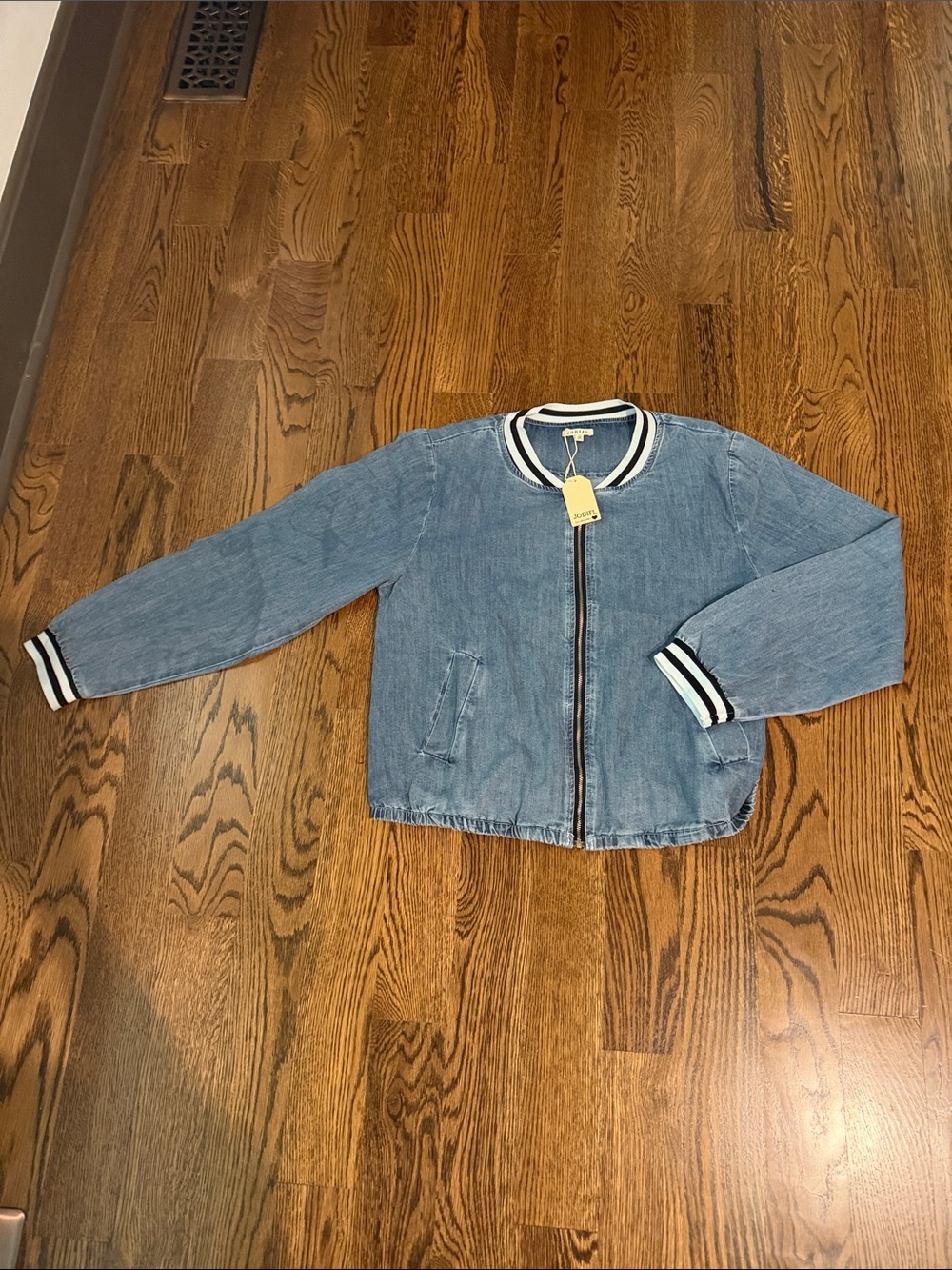 JODIFL Denim Blue Bomber Jacket with Stripe Trim large - Picture 8 of 12